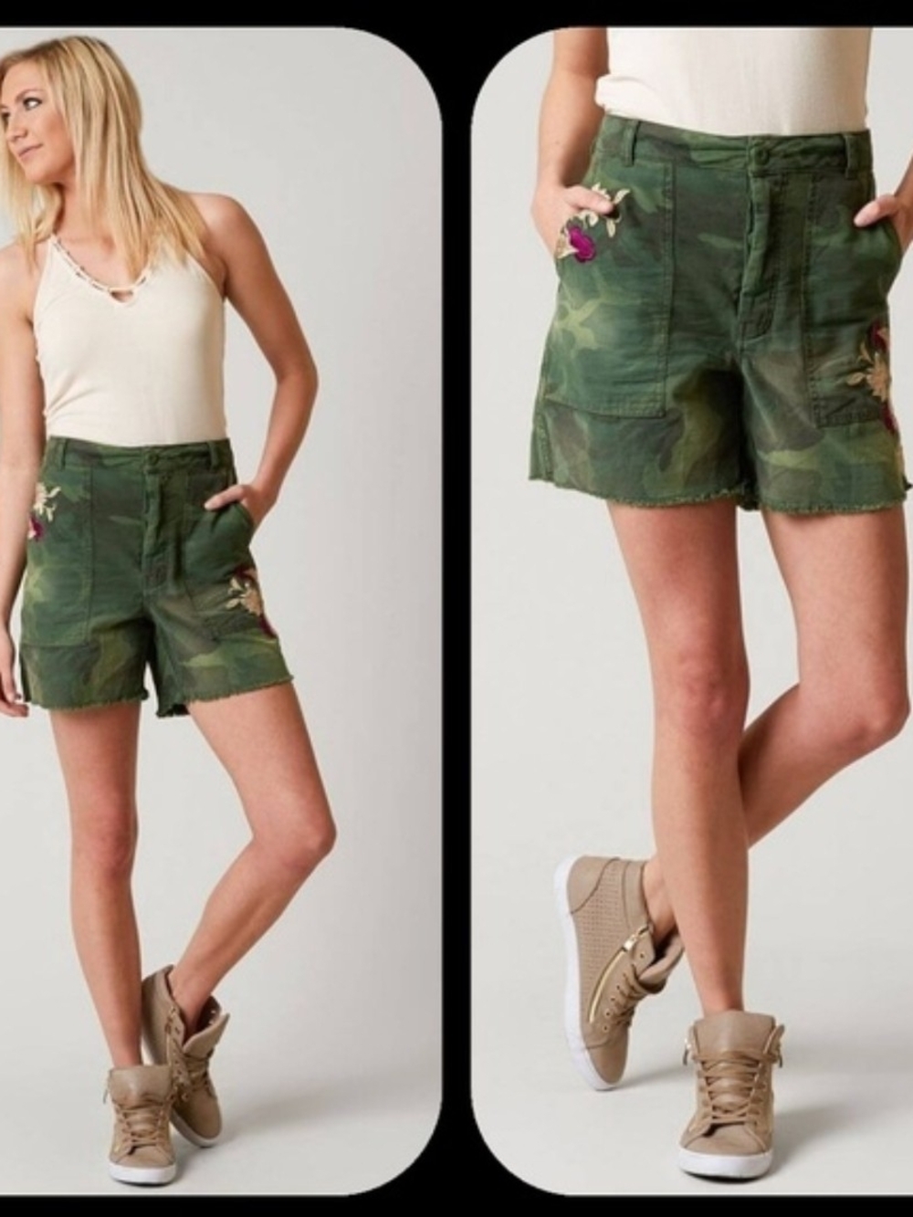 Free People Scout Green Camo Embroidered Utility Rumpled Shorts Bohobo Army Vibe